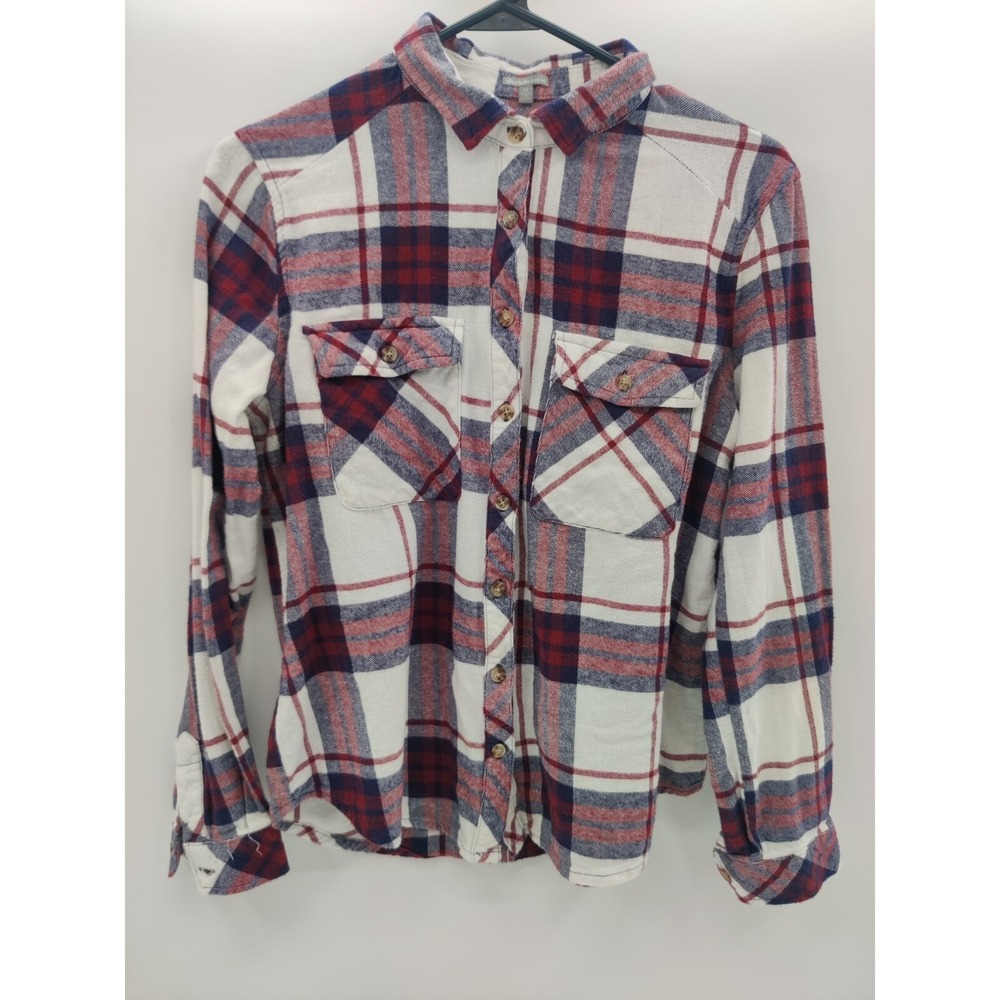 Charlotte Russe Plaid Flannel Shirt Red White Blue Long Sleeve Top Women's M